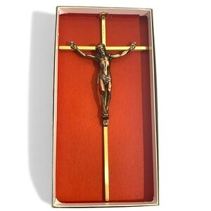 Vintage Solid Brass 10" Hanging Crucifix Wall Cross INRI Jesus With Box
